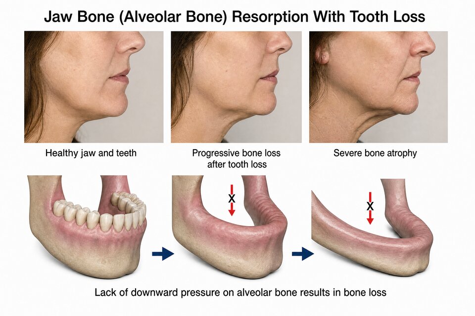 Jaw bone resorption progression: healthy → progressive bone loss → severe atrophy