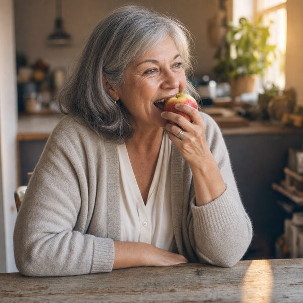 The same woman, smiling and biting an apple — life with permanent teeth